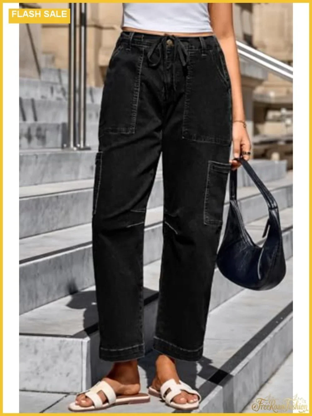 High Waisted Wide Leg Cargo Jeans Women Loose Baggy Denim Pants with Pockets